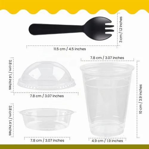 Vista 2 de Vasos de postre helado - 9 onzas - 50 unidades - Vasos de postre reutilizables con tapas de cúpula y insertos - Plástico transparente cristalino - A