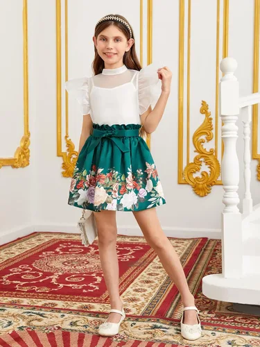 Vista 5 de WDIRARA Blusa sin mangas de malla transparente con cuello alto falso y volantes para niña