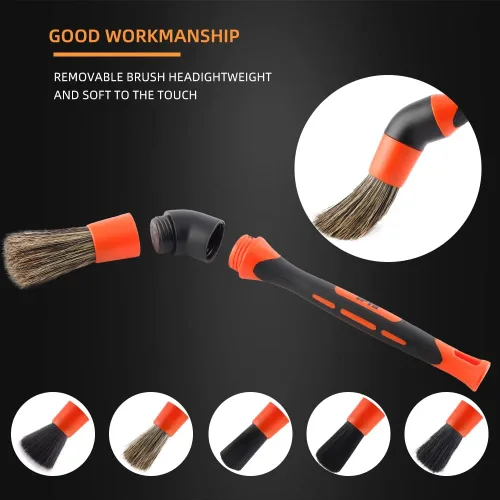 Vista 4 de SPTA juego de cepillos para detalle de coche, pack de 5 cepillos suaves de pelo de jabalí con codo para limpieza automotriz elegante de superficies