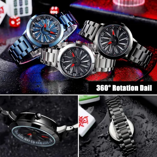Vista 3 de RORIOS Relojes creativos para hombre, reloj analógico de cuarzo con correa de acero inoxidable, reloj giratorio de rueda de automóvil 3D, relojes