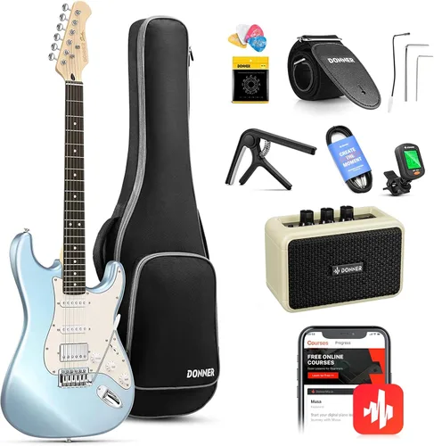 Vista 13 de Donner, DST-152B Kit de guitarra eléctrica de 39 pulgadas HSS, con bobina de pastilla dividida, con amplificador, bolsa, accesorios, guitarra