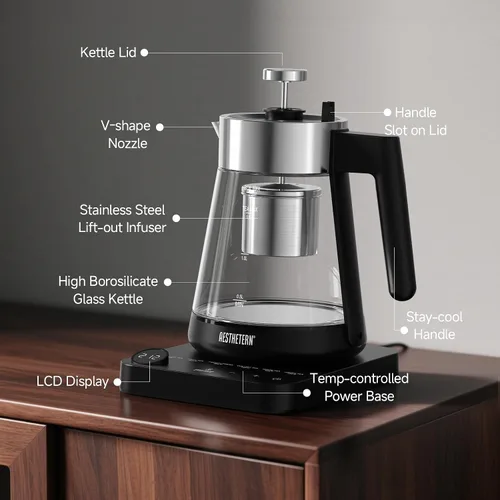 Vista 8 de Hervidor eléctrico de té con infusor Hervidor eléctrico de vidrio de 1.7 L con control de temperatura, 175 °F, temperatura mínima, apagado