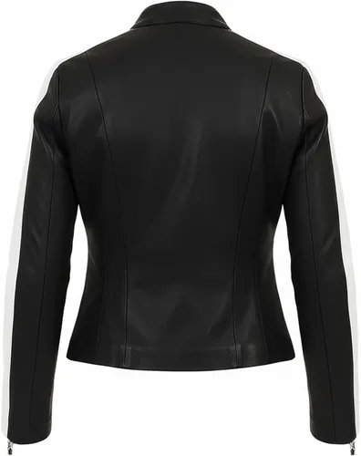 Vista 5 de Womens Racing Style Black Lambskin Leather Jacket - Cafe Racer Retro Biker White Stripes Vintage Motorcycle Jacket