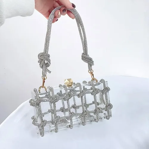 Vista 5 de Diamante hand Bag. Rhinestone Evening bag. Hardbodied acrylic handbag. Gift for her. Sparkling rope handbag