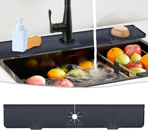 Vista 10 de Derlights Tapete protector contra salpicaduras para fregadero de 30 pulgadas, bandeja de silicona para atrapa goteo, alfombrilla de silicona más Gris