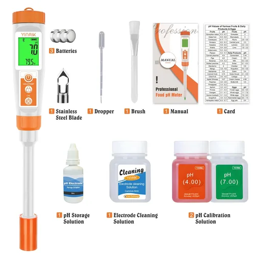 Vista 6 de Medidor de pH inteligente para alimentos - Probador digital de pH con todos los accesorios Medidor de pH YINMIK Lab Termómetro de pH