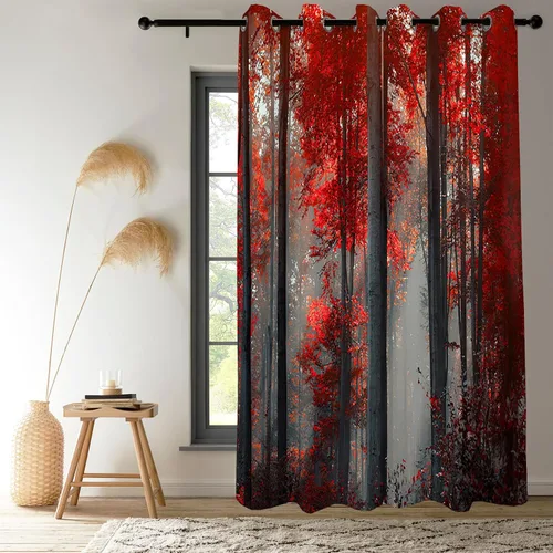 Vista 2 de Renaiss Cortinas opacas de bosque rojo, diseño de bosque negro brumoso, hojas rojas, cortinas de dormitorio de naturaleza misteriosa para cocina, 45