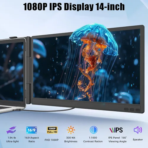 Vista 2 de Extensor de pantalla para laptop de 14 pulgadas, monitor portátil para portátiles de 13 a 17.3 pulgadas, monitor de pantalla dual 1080P FHD IPS