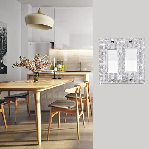 Vista 23 de Placa de pared con diamantes de imitación plateados brillantes plateados, placa de cubierta de interruptor de luz, cubierta de enchufe de grano