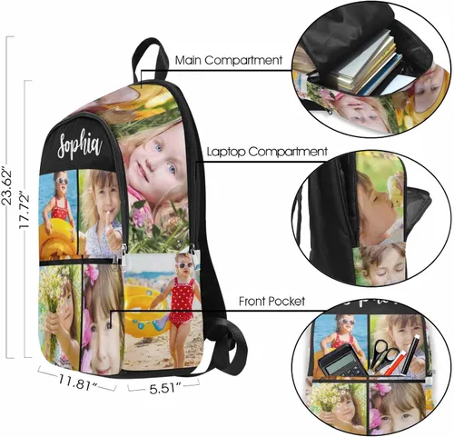 Vista 3 de M YESCUSTOM Mochila informal personalizada con fotos, bolsas escolares personalizadas con nombre de niño para niños, niñas, adolescentes, bolsa