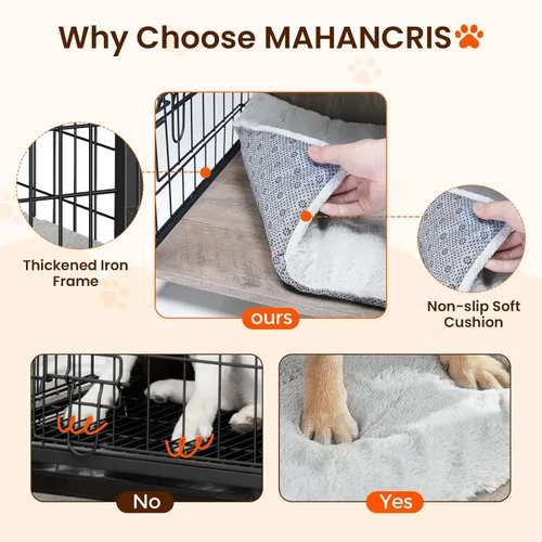 Vista 5 de MAHANCRIS Mueble de jaula para perros con cojín, perrera de madera para perros con puertas dobles, jaula resistente para perros pequeños, medianos
