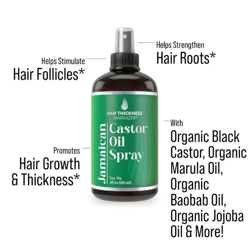 Vista 2 de Spray de aceite de ricino negro jamaicano para el crecimiento del cabello. Con marula, jojoba. Vegano, suero acondicionador sin enjuague
