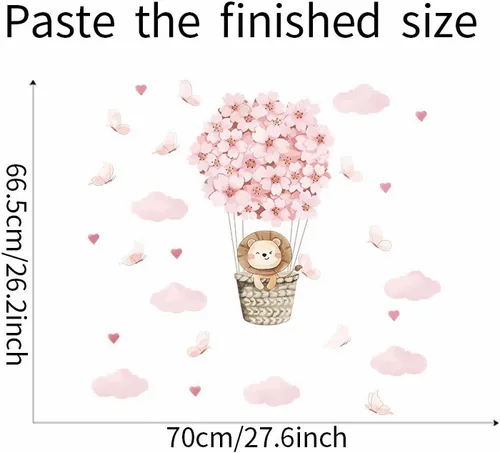 Vista 5 de Calcomanías de pared de globo aerostático con diseño de cachorro de león, diseño de mariposa rosa, nube, corazón, bricolaje, calcomanías de pared