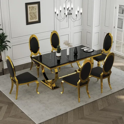 Vista 9 de ACEDÉCOR Mesa de comedor negra y dorada de 70 pulgadas, parte superior de Mesa negra con base circular dorada