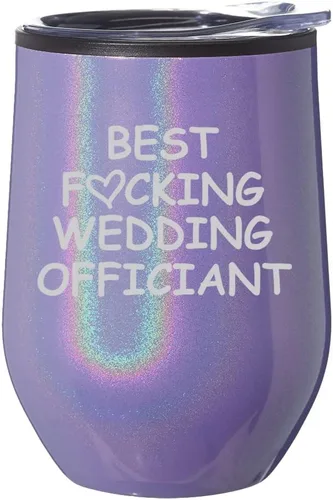 Vista 4 de Vaso de vino sin tallo, taza de viaje de café con tapa, regalo para el mejor oficiante de boda divertido (purpurina azul)