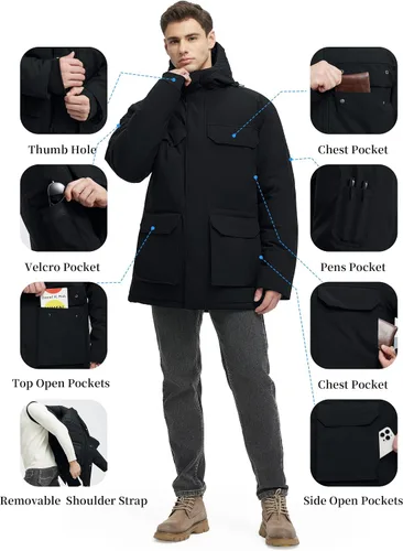 Vista 5 de Abrigos de invierno para hombre, chaquetas de invierno, impermeables, cálidas, gruesas, largas, con capucha