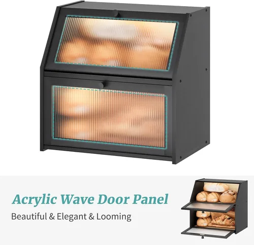 Vista 3 de Caja de pan extra grande negra para mostrador de cocina, caja de pan de bambú de doble capa grande, capacidad de almacenamiento de pan de madera
