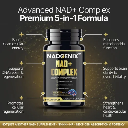 Vista 2 de Suplemento NADGENIX NAD+ - NMNH 500 mg, ribósido de nicotinamida, TMG, Resveratrol y CoQ10 - Energía celular y envejecimiento saludable - 60