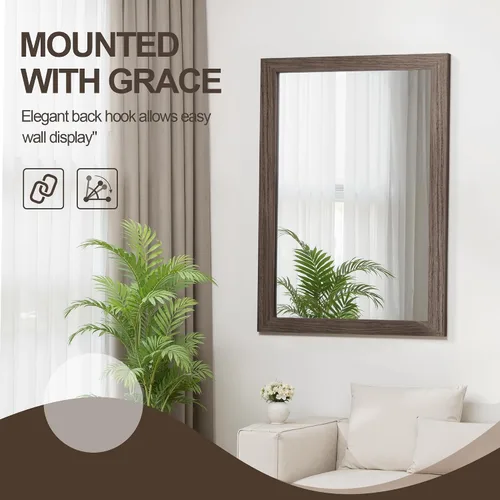 Vista 5 de Espejo de baño para pared con marco de madera, 30"x20" espejo de tocador rústico de granja con marco de madera maciza, espejo rectangular