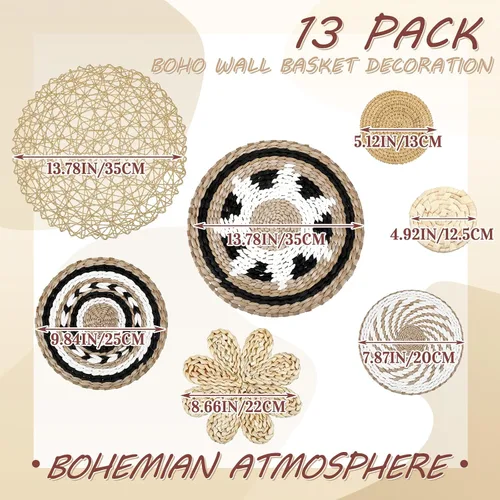 Vista 3 de Glenmal Juego de 13 cestas de pared estilo boho decoradas con ratán tejido plano hecho a mano, estilo bohemio de mimbre y bambú con decoración