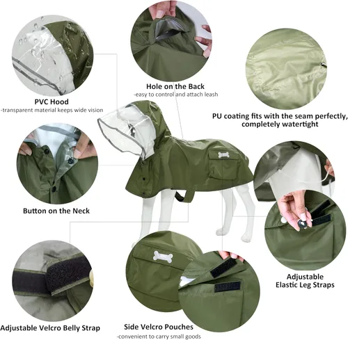 Vista 3 de Chubasquero impermeable para perros, ropa impermeable ajustable con tira reflectante y ligera con capucha tipo poncho (Verde Ejército, XS)
