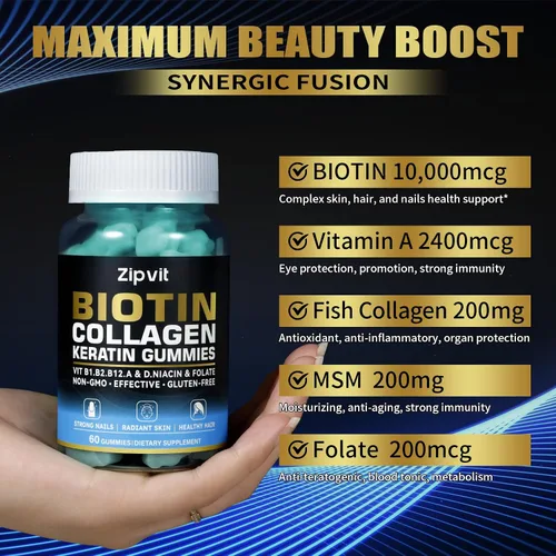 Vista 4 de zipvit Gomitas de colágeno de biotina, vitaminas para la piel y las uñas para mujeres y hombres, vitaminas para el crecimiento del cabello: B1, B2