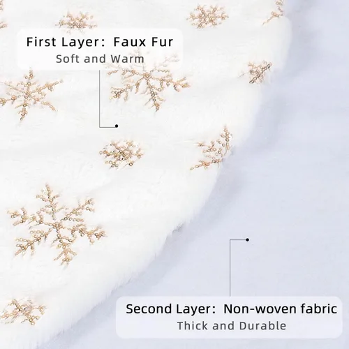Vista 4 de Dremisland Falda para Árbol de Navidad 36" Grande Blanca y Dorada de Lujo de Piel Sintética con Copitos de Nieve Falda para Árbol Super Suave