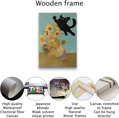Vista 5 de Thcbme Arte de pared con diseño de gato, divertido diseño vintage de girasoles y gatos negros, póster retro para habitación, estética, sala