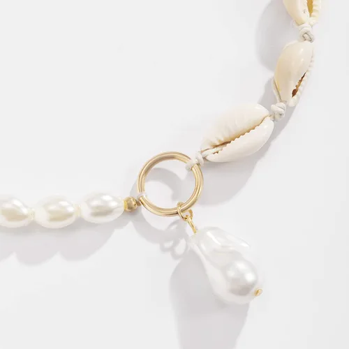 Vista 6 de Collar con colgante de perlas barrocas de oro, gargantilla de perlas ovaladas con cuentas de concha de mar, cadena en capas, collar de perlas