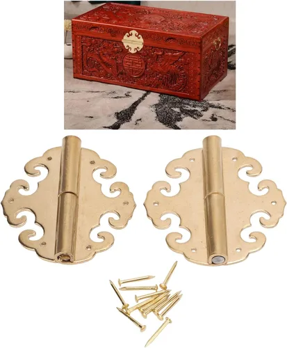 Vista 4 de Paquete de 2 bisagras decorativas antiguas con diseño chino de latón antiguo para muebles, gabinete, cajón, puerta, caja de joyería, caja de regalo