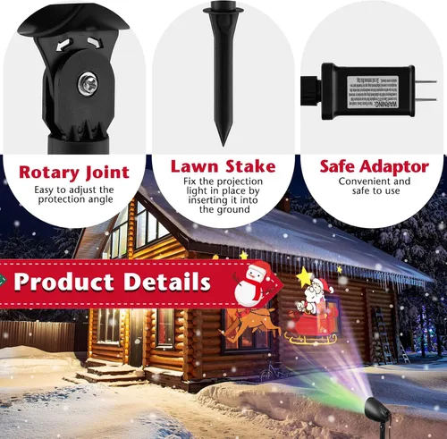 Vista 6 de Goplus Proyector de luces de Navidad al aire libre, lámpara de proyección LED de Papá Noel en trineo con ángulo ajustable de 65°, estaca de césped