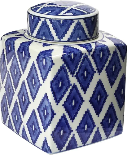 Vista 8 de Creative Co-Op - Tarro decorativo cuadrado de cerámica de jengibre con tapa para espacios pequeños, azul y blanco