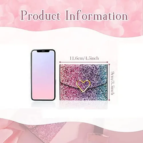 Vista 7 de Monedero pequeño con purpurina multicolor para niñas, con botón de corazón, tarjeta, monedero para niñas, Multi