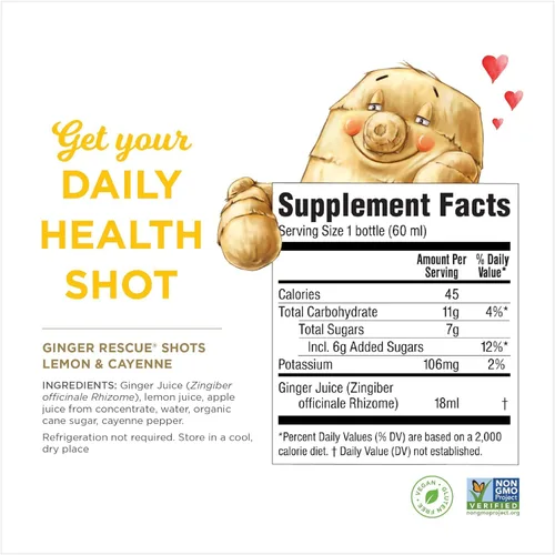 Vista 2 de Ginger Rescue Shots de The Ginger People - Potenciador de energía, energía sin cafeína, salud digestiva, sabor a limón y cayena, 2 onzas líquidas