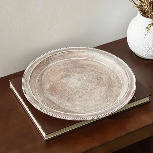 Vista 7 de Bandeja rústica de mesa auxiliar para decoración del hogar, bandeja decorativa redonda de madera comprimida en polvo, bandejas de bordes de madera