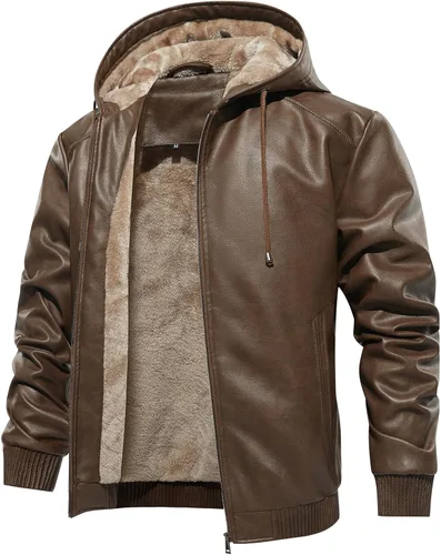 Vista 7 de MANSDOUR Chaqueta de cuero sintético para hombre con forro de vellón negro cálido, chaqueta bomber de motocicleta con capucha