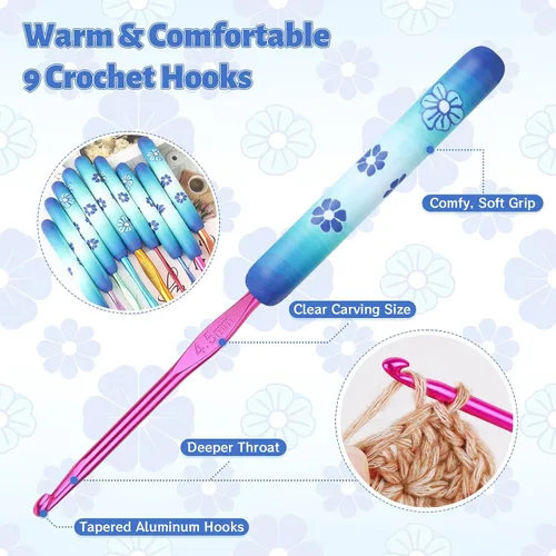 Vista 4 de Coopay - Juego de ganchos de ganchillo cálidos y cómodos de aluminio 9pcs 2.0mm-6.0mm(B-J) Smooth Crochets Needles Set for Crocheting, Blue Flower