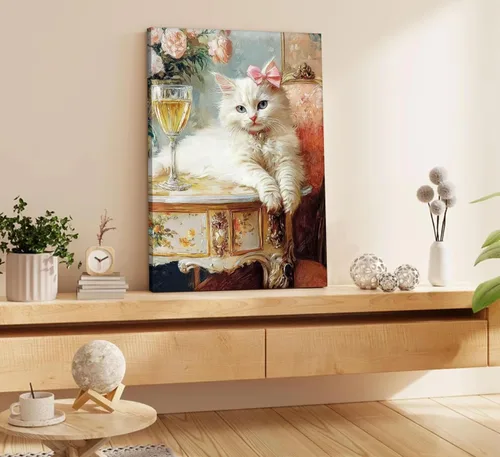 Vista 6 de Elegante lienzo vintage para pared, diseño de gato blanco caprichoso, divertido y retro, cuadro de carrito de bar, pintura ecléctica de animales