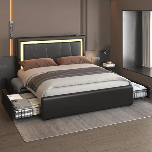 Vista 3 de Benevika Estructura de cama completa con 4 cajones de almacenamiento y cabecera ajustable, cama de plataforma tapizada con luces LED y puertos USB