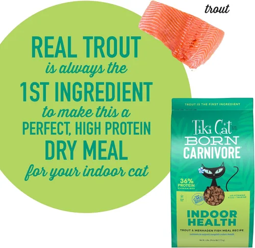 Vista 6 de Tiki Cat Born Carnivore Alimento seco para gatos, trucha y pescado Menhaden, bolsa de 6 libras Crunchy Kibble Texture for Indoor Cats, Real Animal