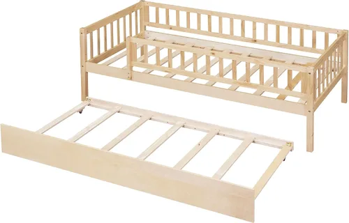 Vista 6 de Sofá cama individual con nido, marco de cama infantil de madera tamaño individual con valla, cama nido individual para niñas, niños, cama de Natural