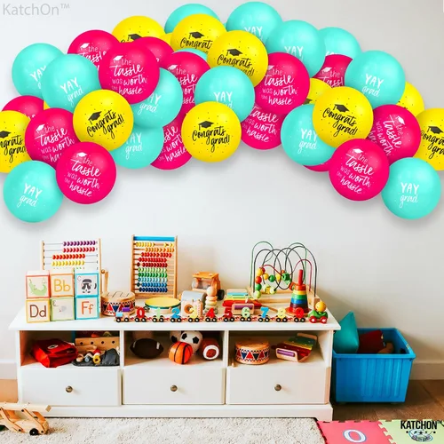 Vista 3 de KatchOn, Juego de globos de graduación azules, amarillos y rosados, 12 pulgadas, paquete de 75 Globos de graduación de felicitaciones, globo Yay