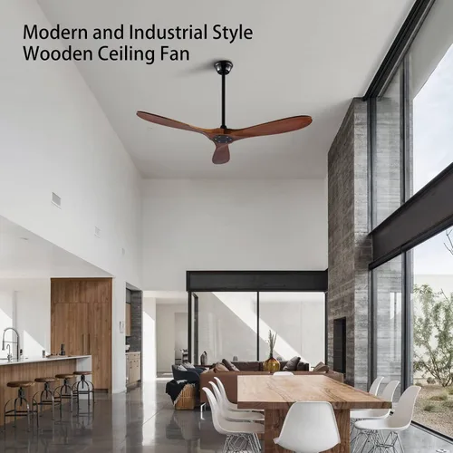 Vista 2 de Ventilador de techo sin luces de 42" con madera sólida, control remoto, 3 aspas y barras de extensión, motor DC, ventiladores de techo