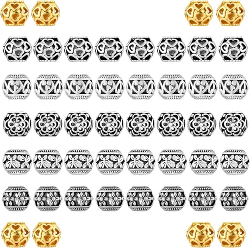 Vista 7 de 40 piezas de cuentas espaciadoras de tubo metálico para fabricación de joyería, cuentas de paracord de agujero grande plateadas, cuentas