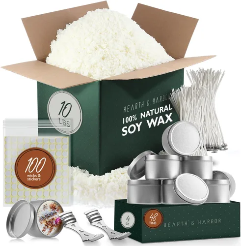Vista 9 de Hearth & Harbor Cera de soja natural y suministros para hacer velas de bricolaje – 5 libras de copos de cera de soja, latas de vela con tapa