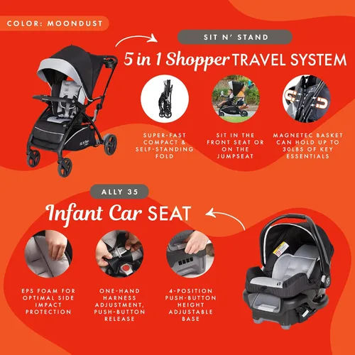 Vista 2 de Baby Trend Sistema de viaje para compradores 5 en 1 Sit N' Stand, Moondust