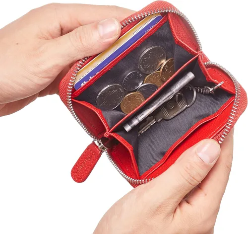 Vista 4 de Travelambo Funda de cuero genuino para monedas, cartera pequeña con cremallera YKK, Rojo, Moda