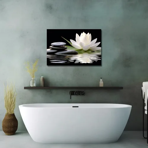 Vista 5 de LZIMU Lienzo decorativo para pared, diseño de loto blanco y piedras zen negras que florecen en el agua, impresiones de imágenes para yoga, spa