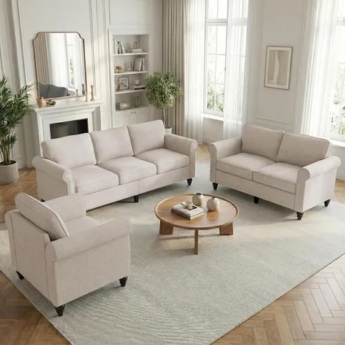 Vista 17 de Mjkone Juego de 2 Piezas para Sala de Estar, Sofás Seccionales, Juego de Sofá y Silla, Sofá Moderno de Lino con Marco de Madera y Patas
