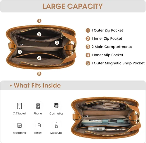 Vista 5 de Kattee Bolsos de mano de cuero para mujer, bolso cruzado de hombro suave mediano con 2 correas